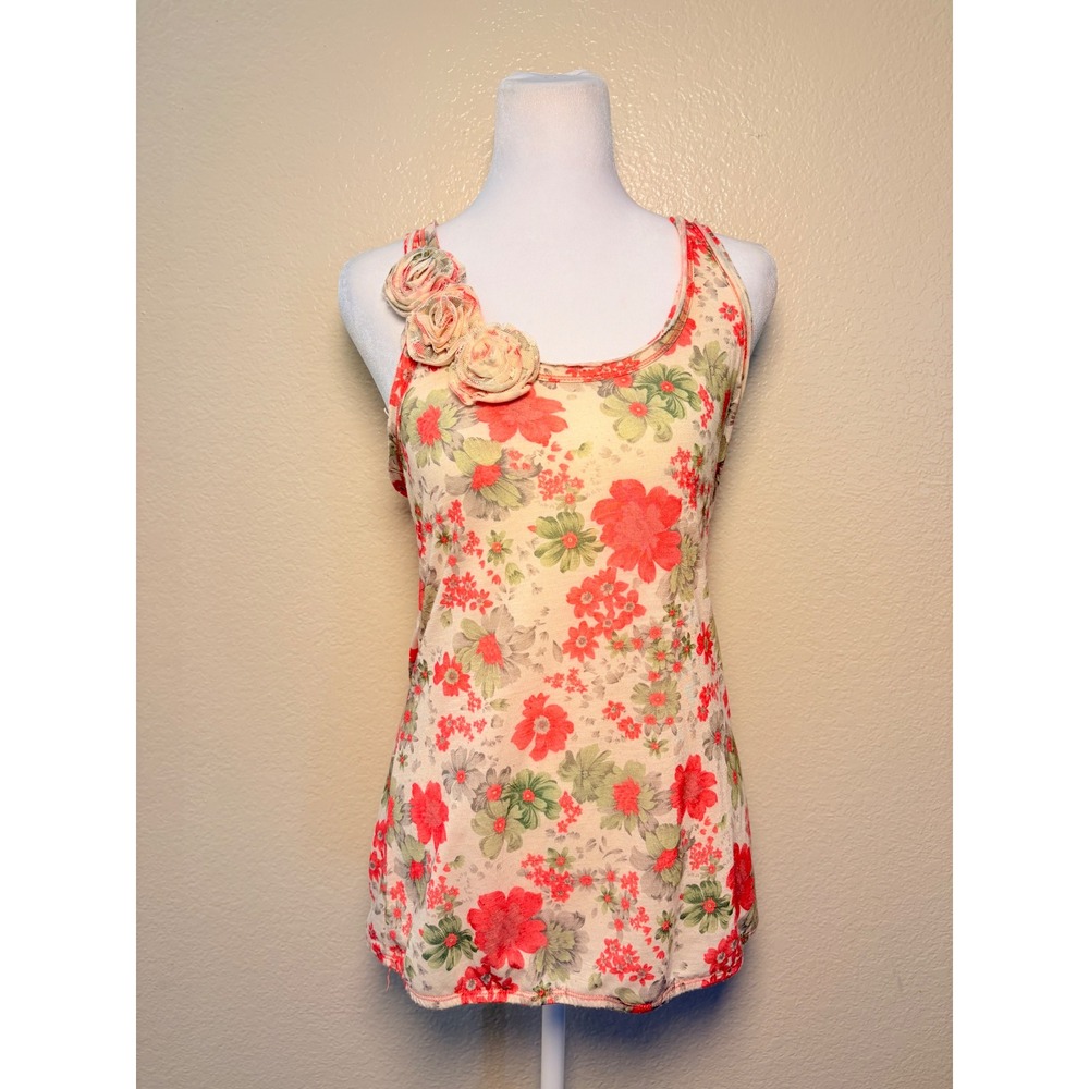 Y2K Alythea Floral Racerback Tank Top Red Cream 3D Rosette Flower Detail #11